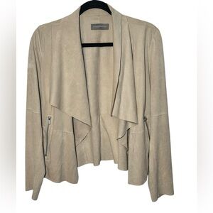 Bagatelle Drape Front Faux Suede Jacket Pockets Size Medium Light Tan LongSleeve